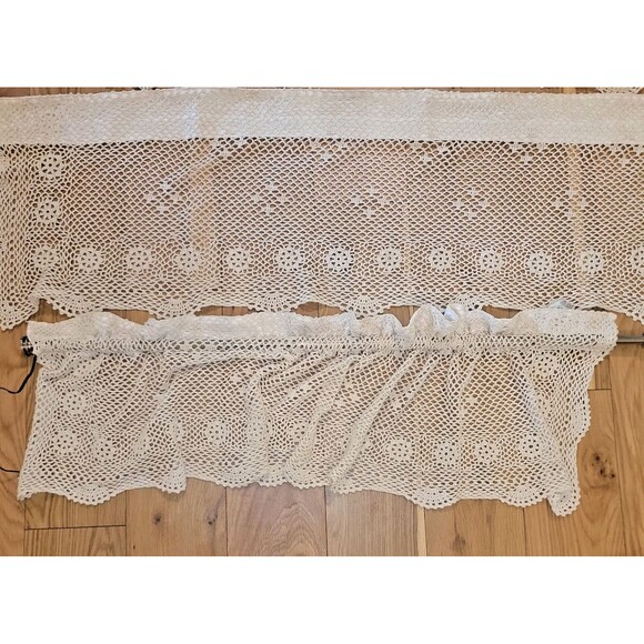 VTG Crochet Curtains Top Treatment Valances Cafe Boho 100% cotton Crochet Beige - Picture 2 of 16
